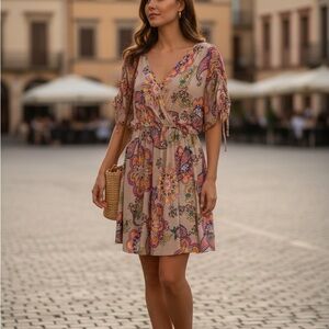 Beige Paisley V-Neck Midi Dress with Elastic Waist